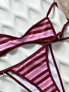 SHEIN Swim Women's Random Print Spaghetti Strap Bikini Set,Spring/Summer Party Beach Burgundy Summer Vacation Beach Sexy Cute Girl Colorblock Striped Swimwear - Multicolor - View 3