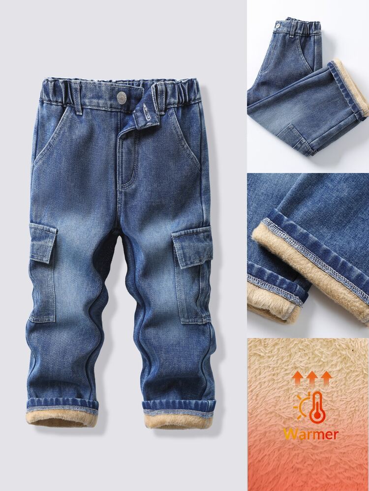 SHEIN Genkimix Kids Celana Jeans Anak Laki-Laki Model Lurus, Warna Biru Tua Pudar, Potongan Lurus yang Nyaman, Saku Kargo di Kedua Sisi, Lapisan Termal untuk Musim Gugur/Dingin, Pinggang Elastis untuk Kenyamanan, Cocok Dipadukan dengan Sweatshirt atau Sweater, Sesuai untuk Gaya Kasual Jalanan, Perjalanan Sehari-hari, dan Jalan-jalan di Luar Ruangan - Dark Wash - View 3