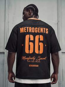 Sport MetroGents 男友风男士 V 领字母印花拼色短袖运动 T 恤 - 黑色 - 查看 1