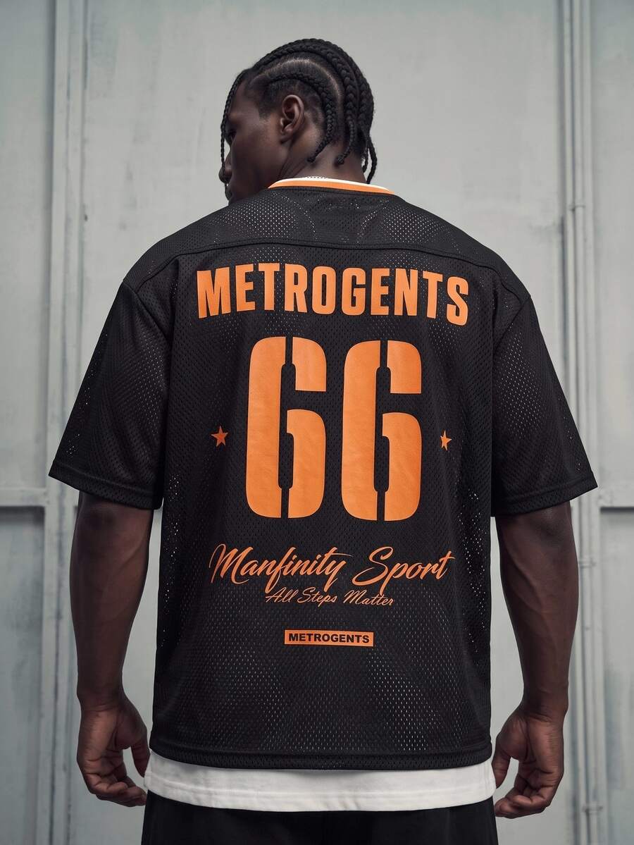 Sport MetroGents 男友风男士 V 领字母印花拼色短袖运动 T 恤 - 黑色 - 查看 1