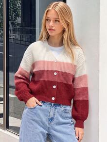SHEIN Girls' Rainbow Color Cardigan Sweater, Autumn/Winter Children's Knit Top, Fashionable Cute Versatile Cardigan School Everyday Dark Red - Multicolor - View 3