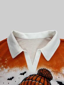INAWLY Halloween Print Contrast V-Collar Drop Shoulder Sweatshirt - Orange - View 4