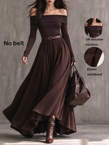 SHEIN Women's Fashion Commute Autumn/Winter 2 Pieces Set, Square Neck Top And Skirt Outfit, Brown, Suitable For Going Out And Office Wear Women's Set - Brown - View 2