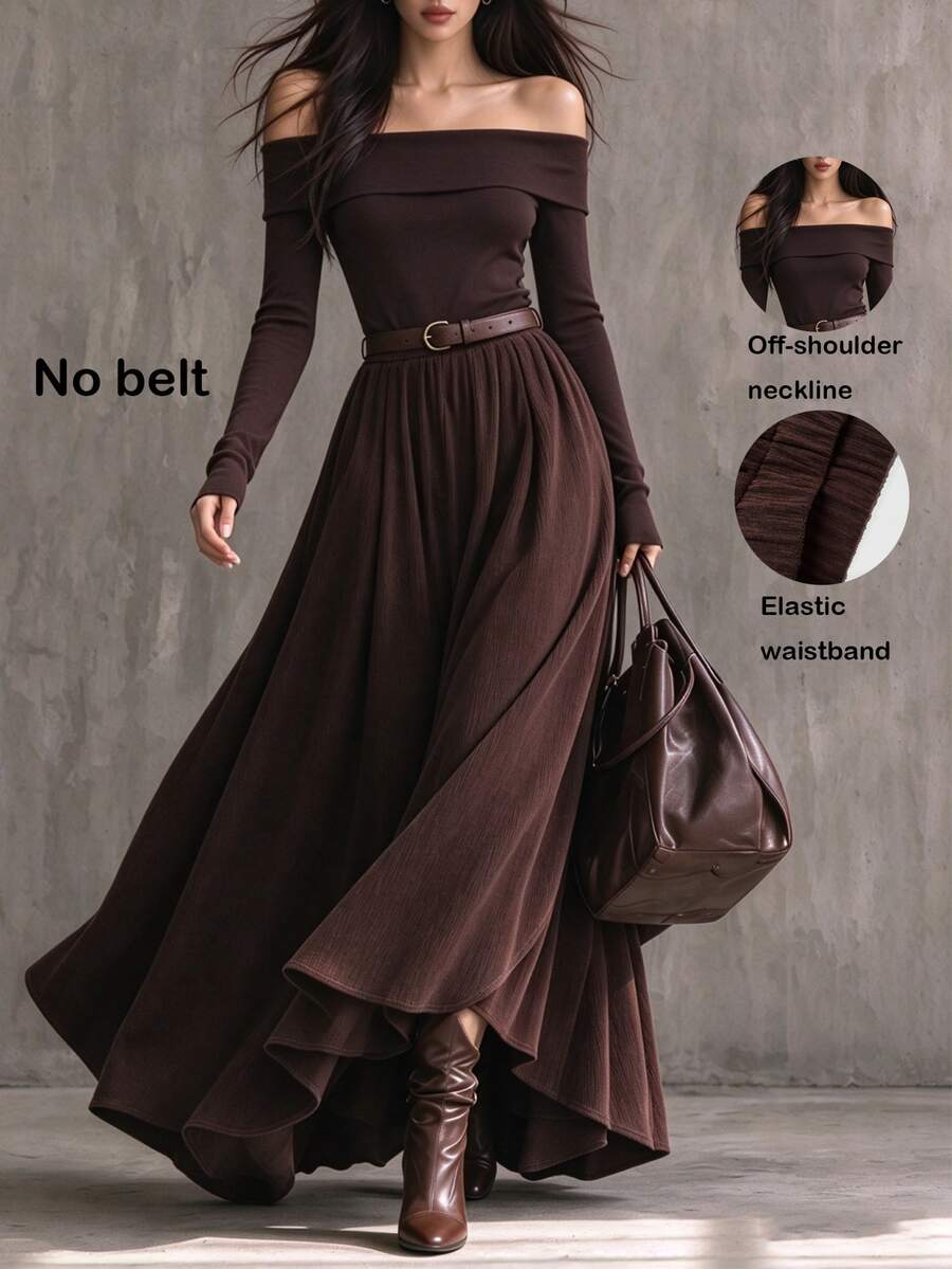 SHEIN Women's Fashion Commute Autumn/Winter 2 Pieces Set, Square Neck Top And Skirt Outfit, Brown, Suitable For Going Out And Office Wear Women's Set