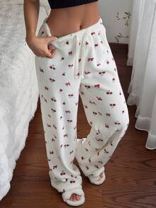 CottageSlumber Slouchy Soft Plush Bowknot Cherry Print Casual Pajama Pants For Women, Autumn/Winter Home Wear - Beige - View 5