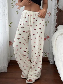 CottageSlumber Slouchy Soft Plush Bowknot Cherry Print Casual Pajama Pants For Women, Autumn/Winter Home Wear - Beige - View 6