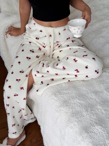 CottageSlumber Slouchy Soft Plush Bowknot Cherry Print Casual Pajama Pants For Women, Autumn/Winter Home Wear - Beige - View 3
