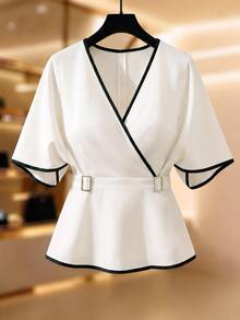 GlowEve CURVE Plus Size Elegant Fashion Black & White Colorblock V-Neck Asymmetric Design Women's Blouse,Autumn And Winter Going Out White Top Halloween Work Tops - White - View 6