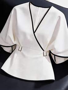 GlowEve CURVE Plus Size Elegant Fashion Black & White Colorblock V-Neck Asymmetric Design Women's Blouse,Autumn And Winter Going Out White Top Halloween Work Tops - White - View 7