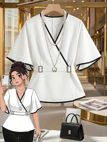 GlowEve CURVE Plus Size Elegant Fashion Black & White Colorblock V-Neck Asymmetric Design Women's Blouse,Autumn And Winter Going Out White Top Halloween Work Tops - White - View 1