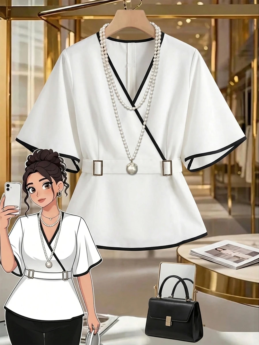 GlowEve CURVE Plus Size Elegant Fashion Black & White Colorblock V-Neck Asymmetric Design Women's Blouse,Autumn And Winter Going Out White Top Halloween Work Tops - White - View 1