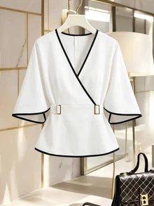 GlowEve CURVE Plus Size Elegant Fashion Black & White Colorblock V-Neck Asymmetric Design Women's Blouse,Autumn And Winter Going Out White Top Halloween Work Tops - White - View 3
