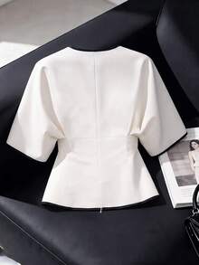 GlowEve CURVE Plus Size Elegant Fashion Black & White Colorblock V-Neck Asymmetric Design Women's Blouse,Autumn And Winter Going Out White Top Halloween Work Tops - White - View 2