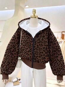 SHEIN Sweetra Young Vintage Leopard Print Hooded Zip-Up Jacket, Paired With Inner T-Shirt, Suitable For Daily Shopping, Commuting And Travel, Easily Create A Casual And Fashionable Streetwear Look. - Multicolor - View 2