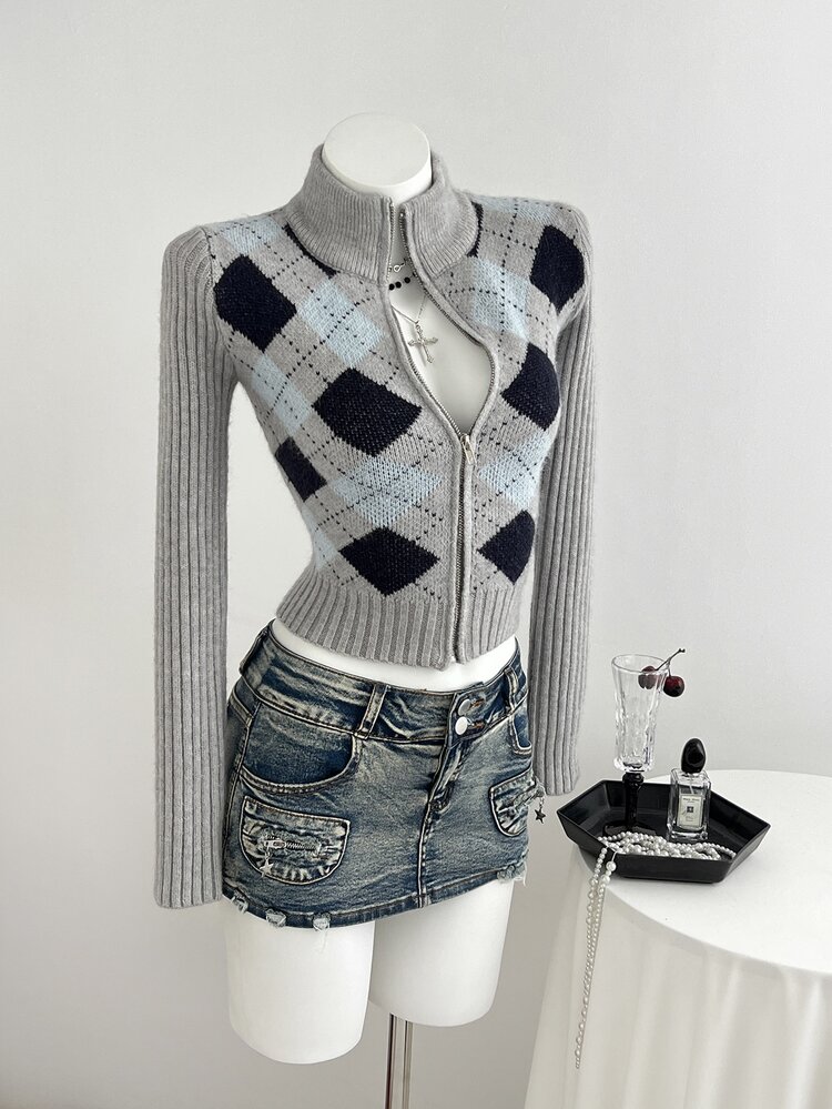 Elamini Women's Autumn/Winter Lazy Fashion Versatile Daily Commute College Style Argyle Zipper Cardigan - Multicolor - View 5