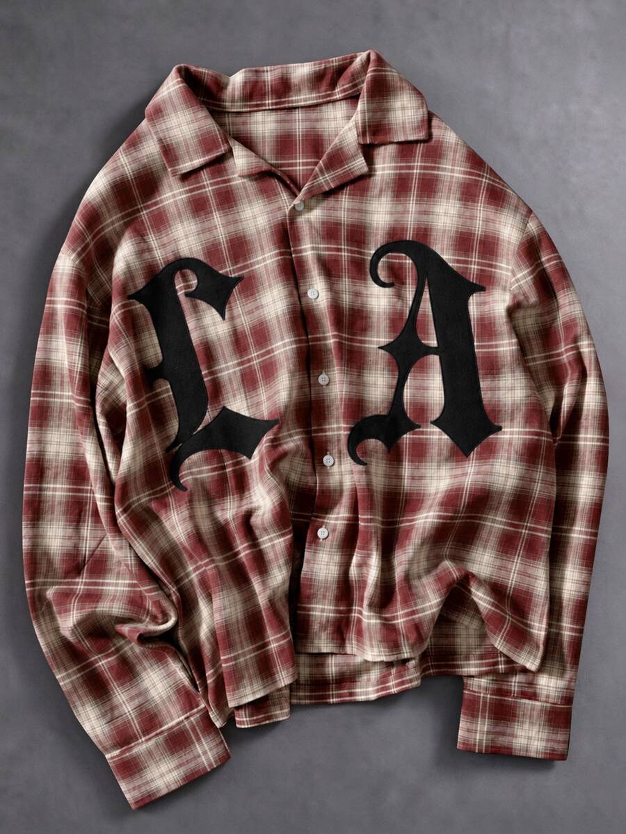 STYNVO Men's Plaid Letter Pattern Casual Street Streetwear Versatile Daily Wear Shirt Vacation Beach Holiday Beige Autumn - Red and White - View 1