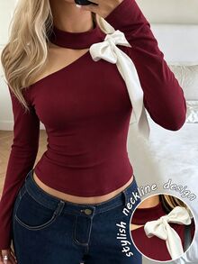 SHEIN Women's Half-High Neck One-Shoulder Asymmetrical Cut-Out Off-Shoulder Top WithWhite Contrast Ribbon Bow Decor, Long Sleeve,Cinched Waist - Burgundy - View 5