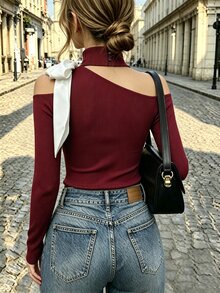 SHEIN Women's Half-High Neck One-Shoulder Asymmetrical Cut-Out Off-Shoulder Top WithWhite Contrast Ribbon Bow Decor, Long Sleeve,Cinched Waist - Burgundy - View 2
