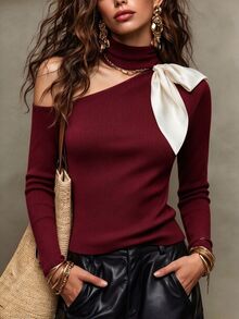 SHEIN Women's Half-High Neck One-Shoulder Asymmetrical Cut-Out Off-Shoulder Top WithWhite Contrast Ribbon Bow Decor, Long Sleeve,Cinched Waist - Burgundy - View 3