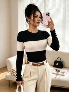 GlowEve Black Apricot Contrast Color Elastic Brushed Vertical Ribbed Knit Bodysuit, Long Sleeve Round Neck Slim Fit Bodysuit, Gold Button Decoration On Cuffs, Soft And Comfortable Fabric, Suitable For Daily Commute, Date, Autumn/Winter Layering, Casual Outings - Multicolor - View 5