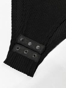 GlowEve Black Apricot Contrast Color Elastic Brushed Vertical Ribbed Knit Bodysuit, Long Sleeve Round Neck Slim Fit Bodysuit, Gold Button Decoration On Cuffs, Soft And Comfortable Fabric, Suitable For Daily Commute, Date, Autumn/Winter Layering, Casual Outings - Multicolor - View 7