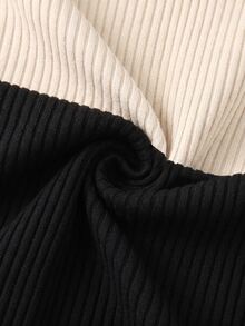 GlowEve Black Apricot Contrast Color Elastic Brushed Vertical Ribbed Knit Bodysuit, Long Sleeve Round Neck Slim Fit Bodysuit, Gold Button Decoration On Cuffs, Soft And Comfortable Fabric, Suitable For Daily Commute, Date, Autumn/Winter Layering, Casual Outings - Multicolor - View 3
