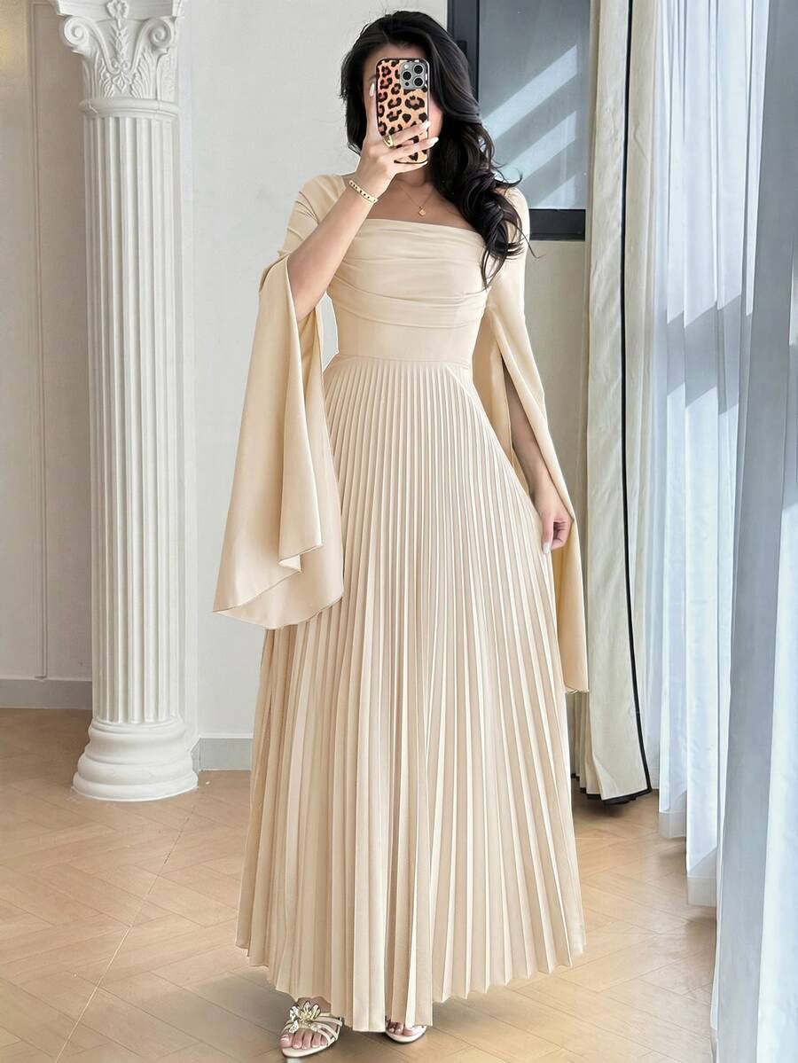 Feyla 女士优雅纯色褶皱长袖连衣裙 - 杏色 - 查看 1
