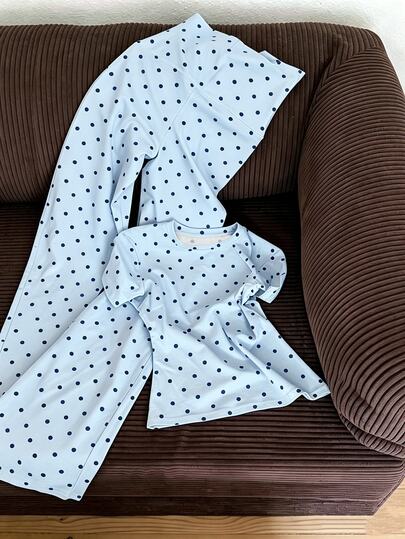 GlowEve طقم نسائي من قطعتين: تي شيرت برقبة دائرية وأكمام قصيرة بطبعة نقاط بولكا وبنطال طويل كاجوال