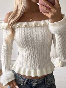 Autumina Women's Autumn/Winter Sexy Hot Girl Style Fashion Versatile Date Photo-Ready Striped Off-Shoulder Pullover Sweater - White - View 1