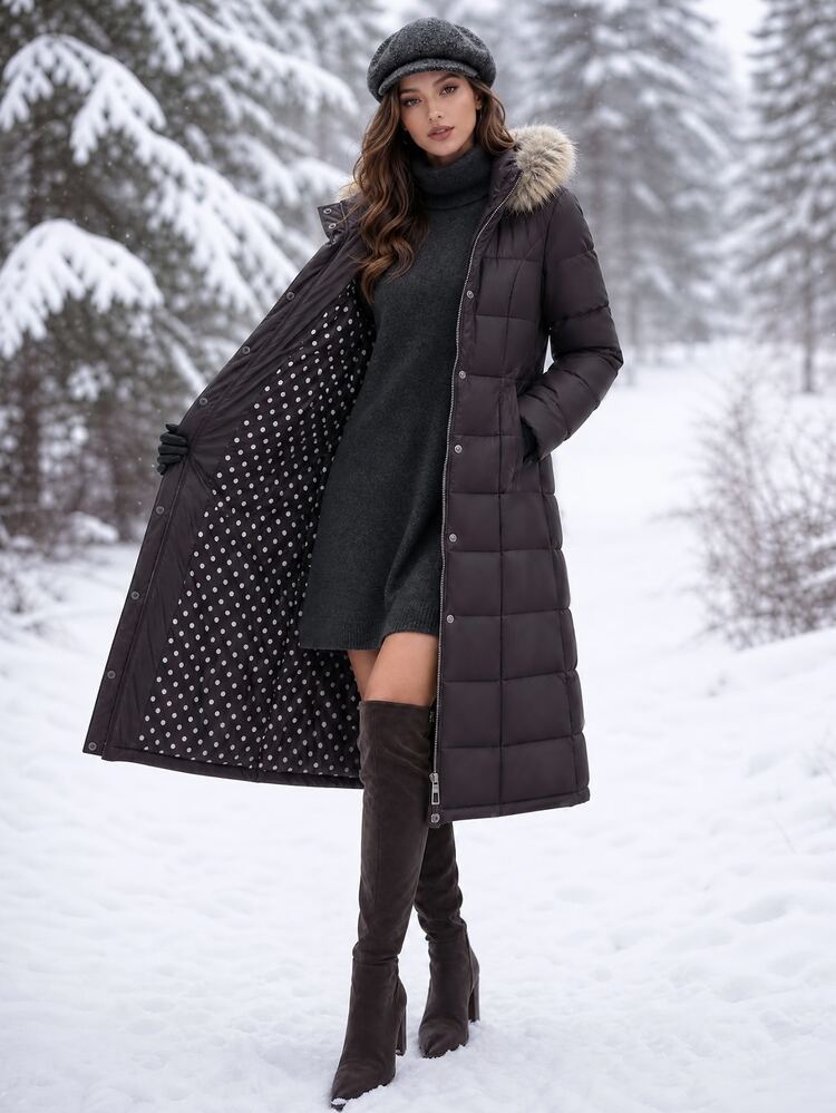 Editum Women's Long Sleeve Zipper Front Fur Collar Hooded Winter Jacket - Brown - View 8