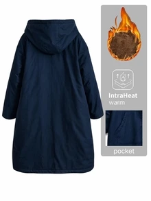 SHEIN LUNE Plus Size Floral Print Teddy Lined Hooded Padded Padded Coat Thermal, For Winter Clothes - Blue - View 2
