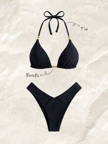 SHEIN Swim Women's Elegant Solid Color Beaded Bikini Set, Summer/Fall Beach Party Vacation Black Sexy Going Out - Black - View 1