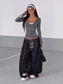 StreetHx Streetwear Women's Letter Print Rhinestone Long Sleeve T-Shirt, Autumn - Dark Grey - View 5