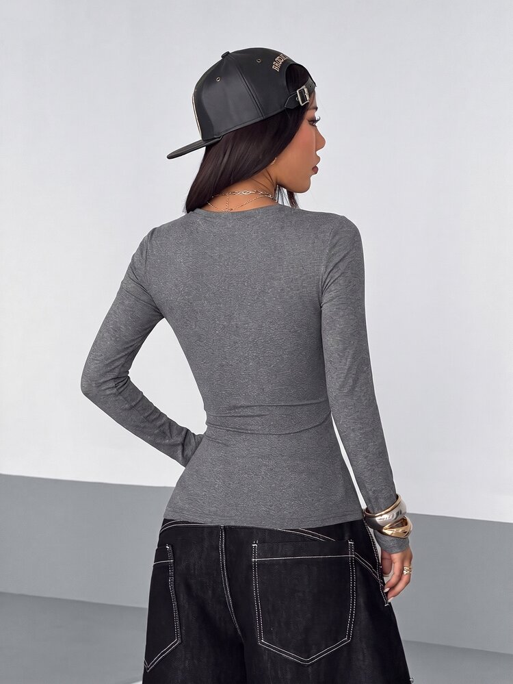 StreetHx Streetwear Women's Letter Print Rhinestone Long Sleeve T-Shirt, Autumn - Dark Grey - View 2