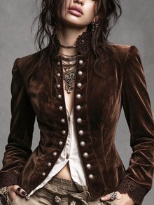 SHEIN Women's Elegant Velvet Fabric Lace Patchwork Commuter Party Casual Jacket - Brown - View 1