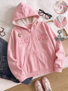 SHEIN 青少年女孩秋季學院風字母軟粉色仿印花花卉圖案美式校園風街頭可愛休閒運動極簡風運動衫 - 粉色 - 查看 5