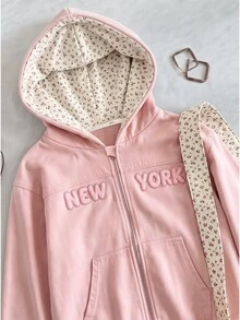 SHEIN 青少年女孩秋季學院風字母軟粉色仿印花花卉圖案美式校園風街頭可愛休閒運動極簡風運動衫 - 粉色 - 查看 4