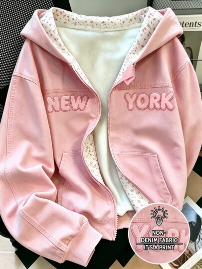SHEIN كنزة رياضية فضفاضة مريحة بتصميم بسيط وكاجوال للفتيات المراهقات، بطبعة حروف وأزهار وردية مزيفة، بأسلوب جامعي أمريكي وأجواء ستريت وير للمشي في المدينة، مناسبة للخريف والشتاء