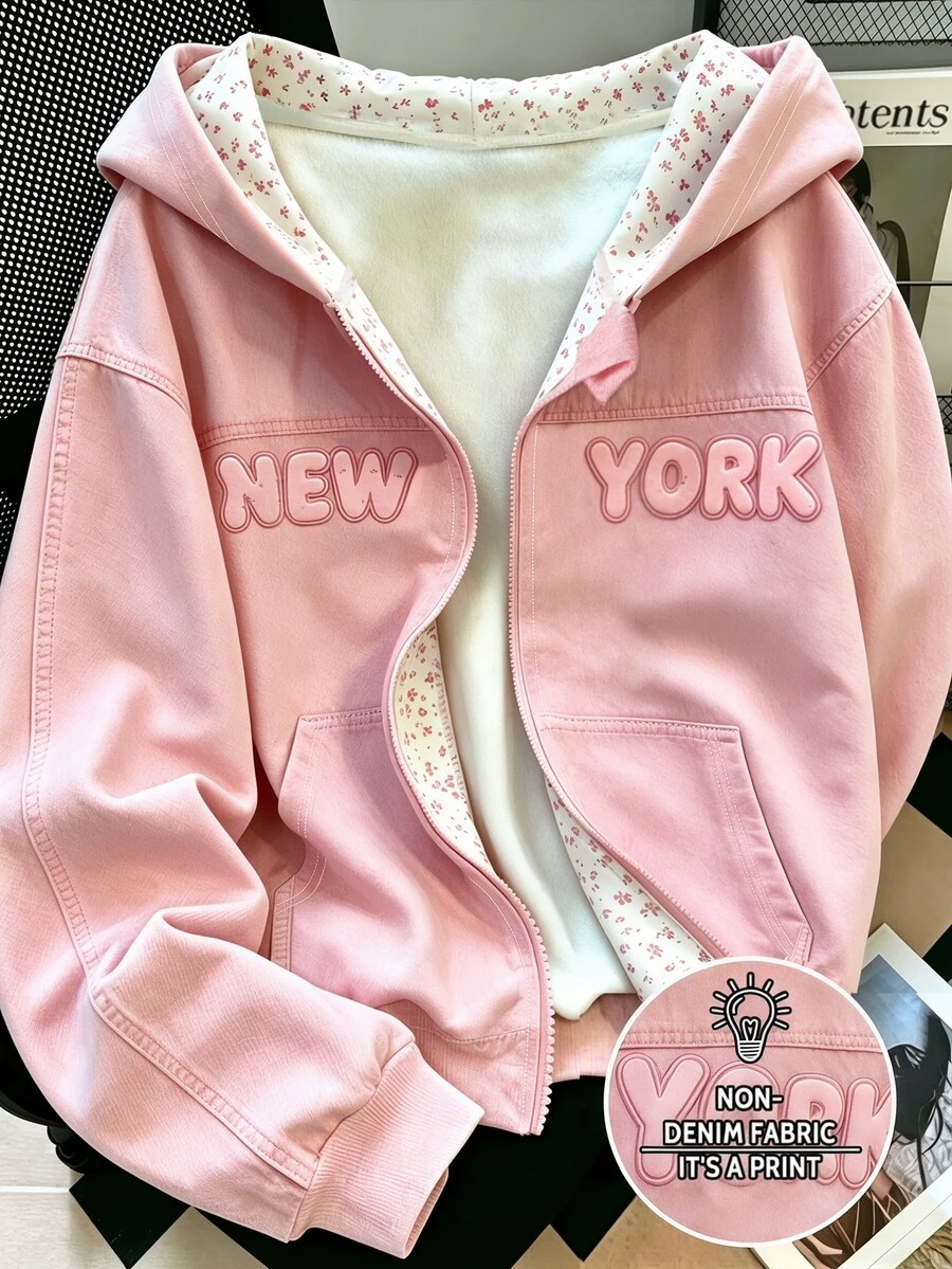 SHEIN 青少年女孩秋季學院風字母粉色花卉仿印美式校園風街頭可愛休閒運動極簡衛衣校園 - 粉色 - 查看 1