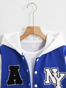 SHEIN 青少年男孩連帽夾克，字母印花，秋季休閒帥氣寬鬆牛仔風，開學校園大學棒球隊風，藍白配色 - 藍色 - 查看 3