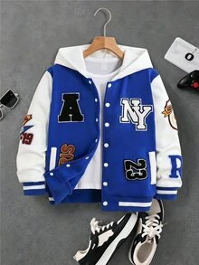 SHEIN 青少年男孩連帽夾克，字母印花，秋季休閒帥氣寬鬆牛仔風，開學校園大學棒球隊風，藍白配色 - 藍色 - 查看 8