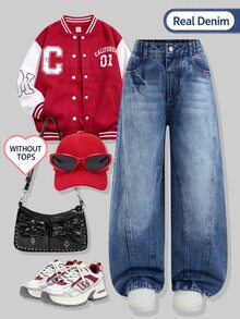 SHEIN Genkimix Kids 女款高街復古Y2K寬腿牛仔褲，中心縫線對比縫線，貓鬚磨損設計，個性化牛仔長褲 - 中等水洗藍 - 查看 3