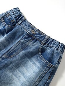 SHEIN Genkimix Kids 女款高街復古Y2K寬腿牛仔褲，中心縫線對比縫線，貓鬚磨損設計，個性化牛仔長褲 - 中等水洗藍 - 查看 6
