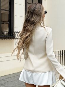 Serisse Elegant Tweed Coat For Women, With A Bow Neckline, Ruffled Hem, Button Front, Long Sleeves, And A Slim Fit. Autumn Clothing, Old-Money Style. - Apricot - View 2