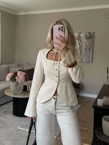 Serisse Elegant Tweed Coat For Women, With A Bow Neckline, Ruffled Hem, Button Front, Long Sleeves, And A Slim Fit. Autumn Clothing, Old-Money Style. - Apricot - View 3