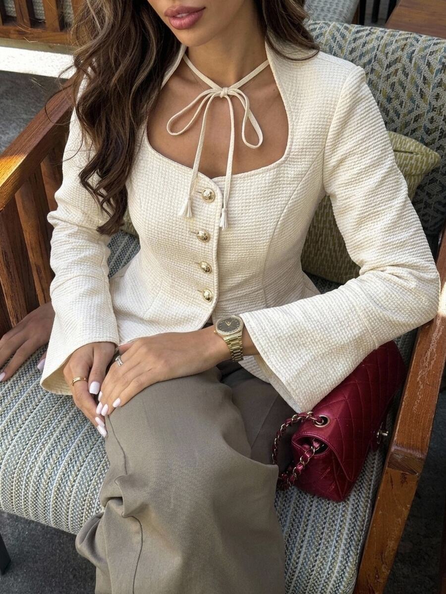 Serisse Elegant Tweed Coat For Women, With A Bow Neckline, Ruffled Hem, Button Front, Long Sleeves, And A Slim Fit. Autumn Clothing, Old-Money Style. - Apricot - View 1