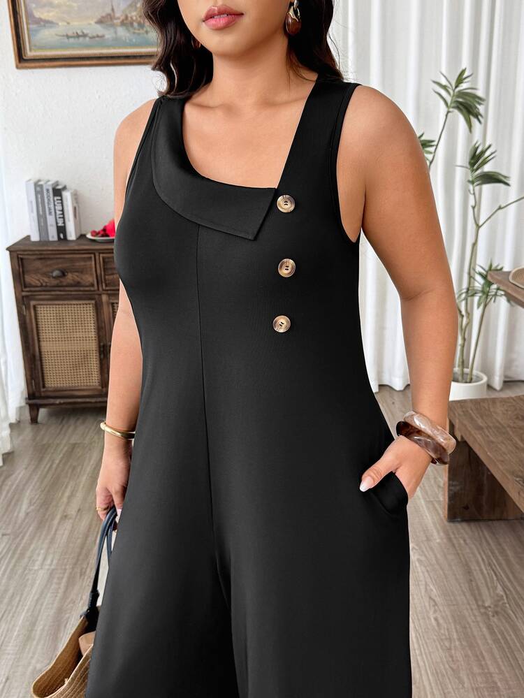 Weeklong Plus Size Women's Button Design Asymmetric Collar Sleeveless Wide Leg Pocket Jumpsuit - Black - View 7