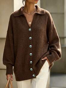 Balvessa Women's Solid Color Single-Breasted Lapel Cardigan Sweater, Suitable For Dating, Vacation, Party, Daily Wear, Gathering, Outdoor Activities - Coffee Brown - View 1