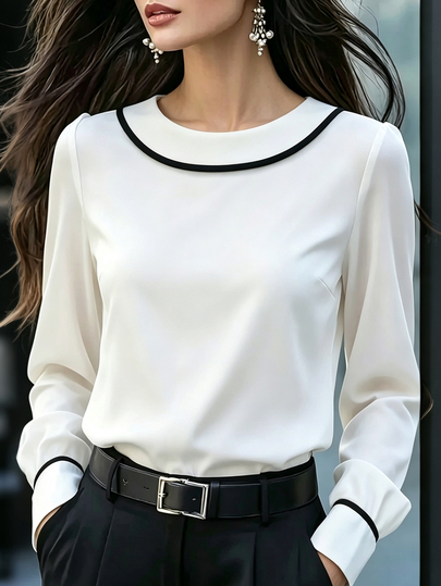 SHEIN เสื้อเบลาส์ผู้หญิงสีพื้น แต่งสีตัดกัน ขาวและดำ คอกลม คอปีเตอร์แพน แขนยาว สำหรับฤดูใบไม้ผลิ/ฤดูใบไม้ร่วง สไตล์หรูหรา ลำลอง ออฟฟิศ ธุรกิจ