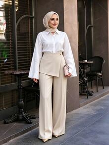 Celisse Women's Elegant Asymmetrical Button Decor Solid Color Suit Pants Summer Easter Festivals Parties Business Office Casual Beige - Apricot - View 1